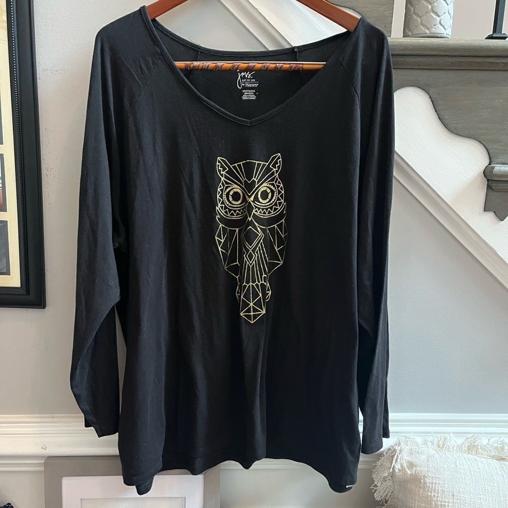 Just My Size by Hanes Black Long Sleeve Golden Owl V-Neck T-Shirt 5X EUC